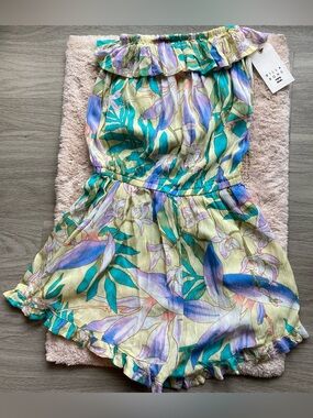 Billabong Floral Ruffle Romper in Yellow, Teal & Purple XS 100% Rayon